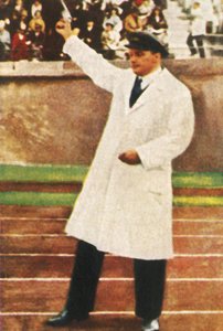 फ्रांज मिलर ने स्टार्टर पिस्तौल से फायरिंग की, 1928। द्वारा अज्ञात