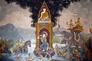 वाट फ्रा दोई सुथेप, चियांग माई में बुद्ध के जीवन के एक दृश्य को दर्शाने वाला फ्रेस्को। Phra Mae Thorani अपने लंबे बालों को घुमाती है और पानी की धार बाढ़ पैदा करती है। थाईलैंड द्वारा अज्ञात