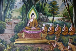 वाट चियांग मुन, चियांग माई में अनुयायियों के साथ बुद्ध का चित्रण करने वाला फ़्रेस्को। थाईलैंड द्वारा अज्ञात