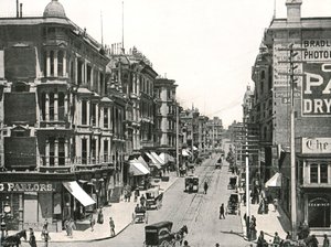 ग्रांट एवेन्यू मार्केट स्ट्रीट, सैन फ्रांसिस्को, यूएसए, 1895 से उत्तर की ओर देख रहा है। द्वारा अज्ञात