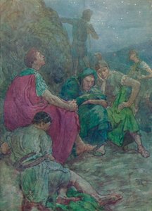 यहाँ, खड़ी चट्टानों से आश्रय लेकर, वह आराम करने के लिए बैठ गया, c1912 1912 द्वारा अज्ञात
