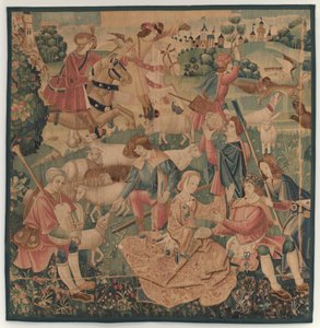 शिकार और देहाती दृश्य, महिलाओं के बीच पुष्पांजलि से सुसज्जित नायक के साथ, c. 1510. द्वारा अज्ञात