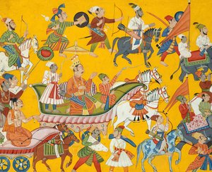 राजा दशरथ और हिज रेटिन्यू प्रोसीड टू रामास वेडिंग: फोलियो इन द शांगरी ..., सीए। 1690-1710। द्वारा अज्ञात