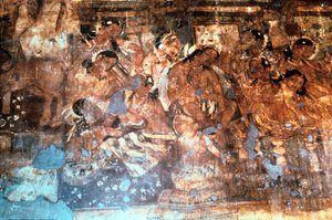रानी विवली को सुनते हुए राजा महाजनक, अजंता गुफा फ्रेस्को, भारत, पहली-पांचवीं शताब्दी ईस्वी द्वारा अज्ञात