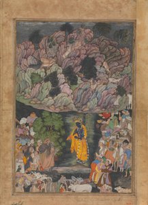 ब्रज के ग्रामीणों को आश्रय देने के लिए कृष्ण ने गोवर्धन पर्वत को धारण किया, फोलियो फ्रॉम..., सीए। 1590-95। द्वारा अज्ञात