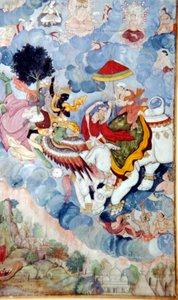 कृष्ण, पक्षी-देवता गरुड़ पर सवार होकर, एक हाथी पर बैठे देवता, इंद्र से लड़ते हैं, c1590। द्वारा अज्ञात