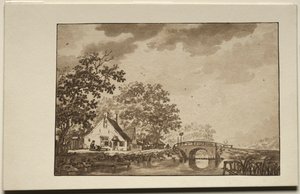 कॉटेज और ब्रिज के साथ लैंडस्केप, 1700s। द्वारा अज्ञात