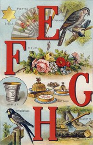 पत्र EFGH; निगलना; प्रशंसक; फूल; केक; कप; हैचेट; निगलना। "Alphabet de ma petite fille" में उत्कीर्णन। बर्नार्डिन-बेचेट एंड फिल्स, बुकसेलर-प्रकाशक, पेरिस, 1895 के आसपास। कैनवास पर अटूट एल्बम। बिब्लियोथेक डेस बेब्स। 12 पृष्ठ। एल्बम सह द्वारा अज्ञात