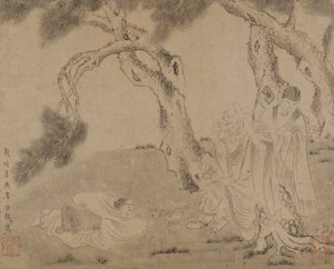 लुओहान, परिचारक, और पाइंस के तहत उपासक, युआन या मिंग राजवंश, 1279-1644। द्वारा अज्ञात