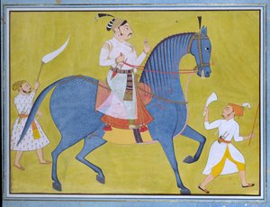 सवार के महाराजा प्रताप सिंह, पैदल दो परिचारकों के साथ, c1700 द्वारा अज्ञात