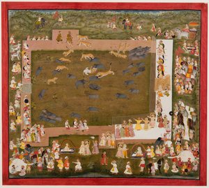महाराजा संग्राम सिंह और उनका दरबार, सदरी में बाघों और सूअरों के बीच लड़ाई का निरीक्षण करता है। 1720। द्वारा अज्ञात