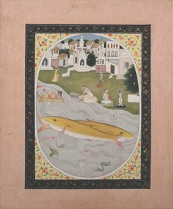 हिंदू तांत्रिक दृश्य के साथ पांडुलिपि चित्रकारी, दो मछली का चित्रण, 1800-1820। द्वारा अज्ञात