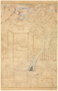 मास्टर और शिष्य एक गार्डन मंडप में, एकल पृष्ठ चित्रण, सी। 1570-1590s। द्वारा अज्ञात
