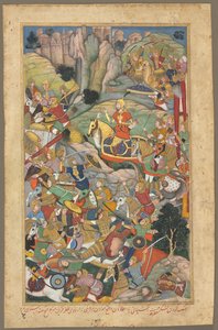 मुगल शासक हुमायूं ने भारत को फिर से संगठित करने से पहले अफगानों को हराया, अकबर-नामा बुक से फोलियो द्वारा अज्ञात