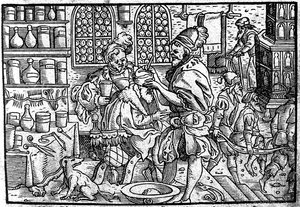 एक आदमी के सिर पर ऑपरेशन। से: Theophrastus Bombastus वॉन होहेनम, 1562 द्वारा महान वुंडरज़नी द्वारा अज्ञात