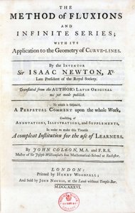 1736 में लंदन में प्रकाशित आइजैक न्यूटन (1642-1727) द्वारा 'द मेथड ऑफ फ्लक्सियन्स एंड इनफिनिट सीरीज़' का शीर्षक पृष्ठ, जिसमें प्रमुख सिद्धांत शामिल हैं जिन्होंने विज्ञान को काफी प्रभावित किया है: द्विपद प्रमेय, मी के तीन सार्वभौमिक नियम द्वारा अज्ञात