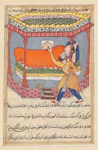 एक तोते की कहानियों से पृष्ठ टटी-नामा: पचासवीं रात: राजा ने ताबीज पहना ..., सी। 1560। द्वारा अज्ञात