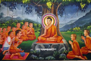 एक पेड़ के नीचे बुद्ध की शिक्षा देते हुए चित्र, राजा बिम्बिसार के साथ राजगृह उडोंग कंबोज में द्वारा अज्ञात