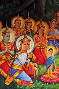 वाट थान नोम पेन्ह कंबोज में बुद्ध के जन्मदिन (वेसाक) को दर्शाती पेंटिंग द्वारा अज्ञात