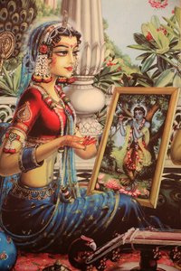 राधा को कृष्ण के चित्र को देखते हुए चित्रित करना। इंडिया द्वारा अज्ञात