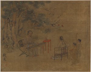 चीड़ के पेड़ों के नीचे ज़िदर बजाना, संभवतः मिंग राजवंश, 1368-1644। द्वारा अज्ञात