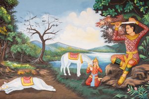 प्रीह प्रोम रथ मठ बुद्ध का जीवनद ग्रेट टोंसुर: बुद्ध ने अपनी तलवार से अपने बाल काटे फिर उन्होंने एक भिखारी के वस्त्र के लिए अपने राजकुमार के कपड़े बदलेफिर उन्होंने आत्मज्ञान के लिए अपनी खोज शुरू की, सिएम रीप, कंबोडिया द्वारा अज्ञात