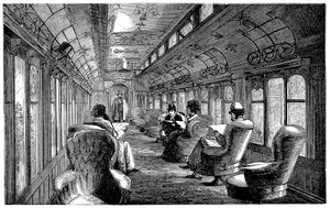 1876 में इंग्लैंड के मिडलैंड रेलवे में पुलमैन ड्राइंग रूम कार द्वारा अज्ञात
