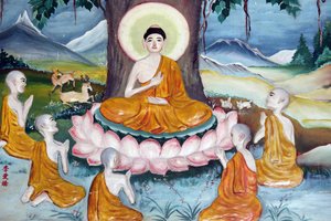 क्वान द एम बो टाट मंदिर (अवलोकितेश्वर बोधिसत्व का शिवालय)। शाक्यमुनि बुद्ध ने अपने पांच शिष्यों को धर्मोपदेश - कानून का पहिया - का उपदेश दिया। वुंग ताऊ। वियतनाम द्वारा अज्ञात