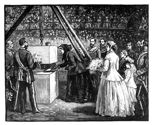 1860 के दशक में रॉयल अल्बर्ट हॉल, लंदन की आधारशिला रखते हुए महारानी विक्टोरिया द्वारा अज्ञात