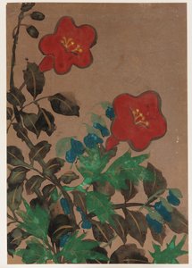 लाल और नीले फूल और पत्ते, ईदो काल, 1615-1868। द्वारा अज्ञात