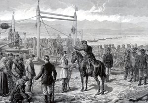 सैन्य अनुरक्षण के तहत रूसी अपराधियों को येनइसी, साइबेरिया, 1882 नदी के पार होने का इंतजार है द्वारा अज्ञात