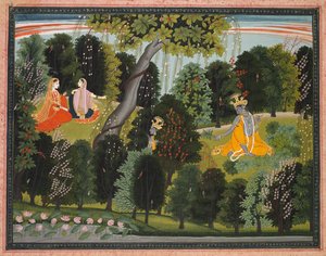 सखी ने राधा को कृष्ण से मिलने के लिए मनाया, लाम्बाग्रोन गीता गोविंदा से ..., सी। 1820-1825। द्वारा अज्ञात