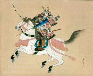 समुराई योद्धा घोड़े की सवारी करता है। रेशम पर एक जापानी पेंटिंग, एक पारंपरिक जापानी शैली में द्वारा अज्ञात