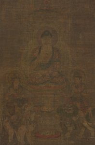 शाक्यमुनि त्रय: बुद्ध मंजुश्री और सामंतभद्र द्वारा सम्मिलित, सी। 900। द्वारा अज्ञात