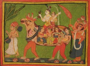 इकट्ठी महिलाओं से बनी एक मिश्रित गाय पर शिव और पार्वती द्वारा अज्ञात