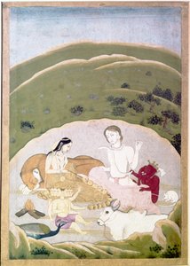 शिव और पार्वती अपने बच्चों, गणेश और कार्तिकग्य के साथ कैलाश पर्वत पर, सी1745 द्वारा अज्ञात