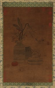 टेपेस्ट्री: एक कटोरा, दो जार, फूल और फल, संभवतः मिंग राजवंश, 1368-1644। द्वारा अज्ञात
