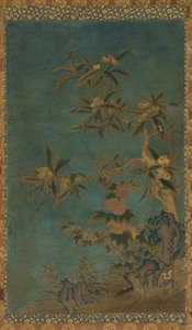 टेपेस्ट्री: फलों के पेड़ और हॉलीहॉक, मिंग राजवंश, 1368-1644। द्वारा अज्ञात