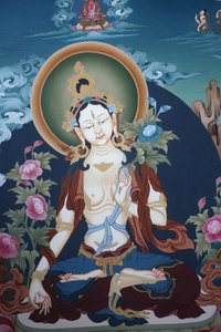 सफेद तारा देवी का चित्रण थांगका, लंबे जीवन का बौद्ध प्रतीक, भक्तपुर, नेपाल