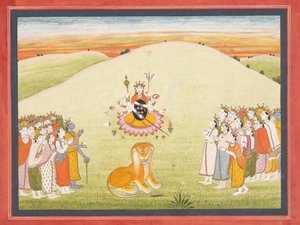 दुर्गा की रचना: एक बिखरे हुए मार्कंडेय पुराण से पृष्ठ ..., ca. 1810-1820। द्वारा अज्ञात