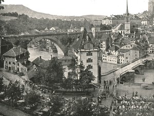Nydeggbrücke और मवेशी बाजार, बर्न, स्विट्जरलैंड, 1895। द्वारा अज्ञात