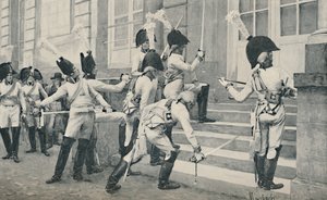 प्रशिया नोबल गार्ड ने बर्लिन, 1896 में फ्रांसीसी दूतावास के कदमों पर अपनी तलवारें तेज कर दीं द्वारा अज्ञात