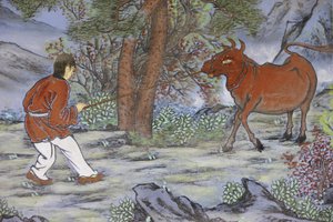 ज़ेन बौद्ध धर्म के दस ऑक्स हेर्डिंग चित्र ज्ञान के चरणों का प्रतिनिधित्व करते हैं, ऑक्स, सियोल, कोरी डू सूद को पकड़ना द्वारा अज्ञात