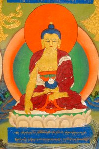 तिब्बती बौद्ध धर्म; ध्यान में बुद्ध को चित्रित करते हुए रंगीन भित्ति चित्र; भूमिस्पर्श मुद्रा; भूमिस्पर्शमुद्रा धरती माता को बुला रही है; पंचेन लामा का महल; ताशिलहुनपो मठ; शिगात्से; हिमालय; तिब्बत स्वायत्त क्षेत्र; चीनी जनवादी गणराज्य; असी द्वारा अज्ञात