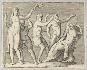 दो आकृतियाँ, एक Faun, और एक व्यंग्य एक Recliniing Woman के साथ, प्रकाशित ca. 1599-1622। द्वारा अज्ञात