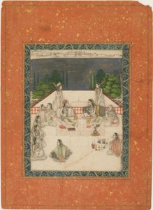 दो महिलाएँ एक छत पर बैठी थीं, जो परिचारकों और संगीतकारों से घिरी हुई थीं। 1650. द्वारा अज्ञात