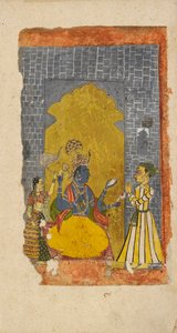 विष्णु सिंहासन पर विराजमान हैं और उनके सामने राजसी भक्त खड़े हैं, लगभग 1700-1725 द्वारा अज्ञात