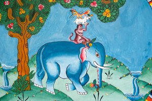 चार दोस्तों की कथा को दर्शाती दीवार; हाथी; बंदर; खरगोश और मुर्गा; खरबदी गोम्पा; फुएंत्शोलिंग; भूटान का साम्राज्य द्वारा अज्ञात
