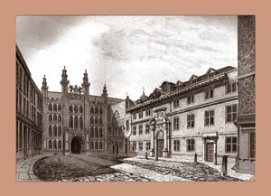 1886 में गिल्डहॉल चैपल और ब्लैकवेल हॉल का पश्चिम दृश्य द्वारा अज्ञात