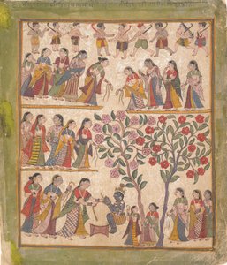 यशोदा ने कृष्ण के हाथों को बाँधा: पृष्ठ भागवत पुराण पांडुलिपि, 1640-50 से। द्वारा अज्ञात